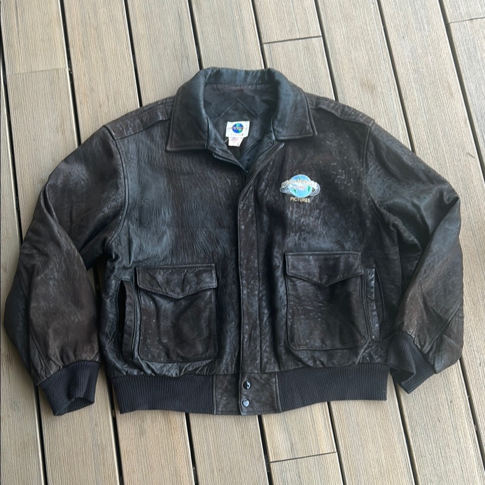 Vintage 80s Universal films brown leather bomber jacket size XL